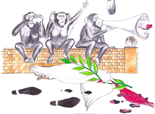 Cartoon: dove of peace and three monkeys (medium) by erdemaydn tagged peace,three,monkeys