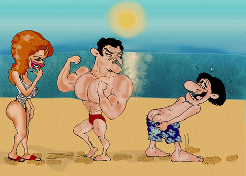 Cartoon: women like funny men (medium) by hakanipek tagged love,women,men,funny,muscular,beach,nudist,hot