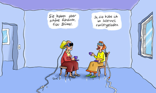 Cartoon: Die Gardinen von Frau Blümel (medium) by rene tagged computer,kaffeekränzchen,frauen,gardinen,internet,download,einrichtung,wohnung