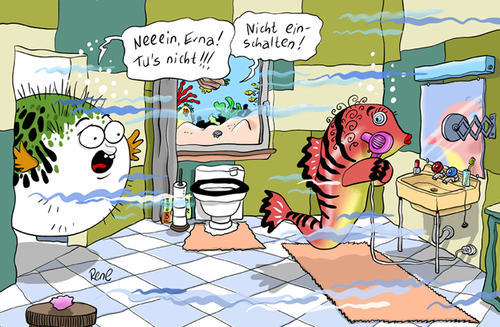 Cartoon: Nicht den Föhn einschalten (medium) by rene tagged tod,wasser,fisch,badezimmer,föhn,fische,elektrizität,strom,mord