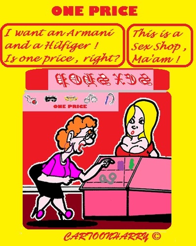 Cartoon: Armani and Hilfiger (medium) by cartoonharry tagged sexshop,armani,hilfiger,one,two,price,grandma