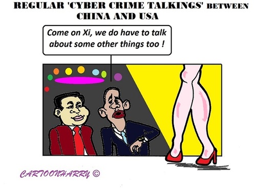 Cartoon: Cyber Crime (medium) by cartoonharry tagged cybercrime,us,china,talkings,relaxing,obama,xi,cartoons,cartoonists,cartoonharry,dutch,toonpool