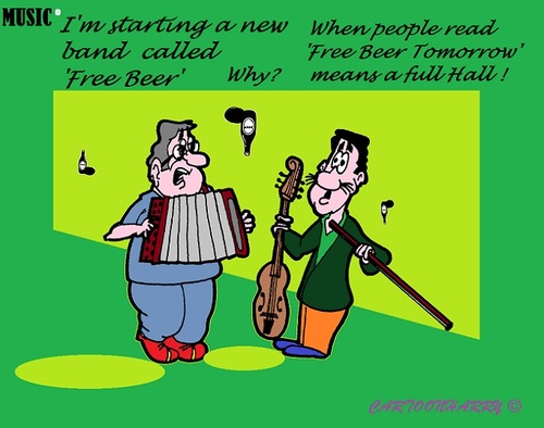 Cartoon: Free Beer (medium) by cartoonharry tagged music,harmonica,beer,free,band,fullhouse