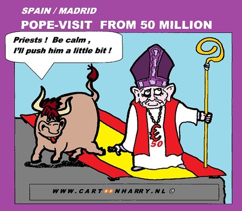 Cartoon: Pope Visits Spain (medium) by cartoonharry tagged pope,visit,spain,50million,push,cartoon,cartoonist,cartoonharry,dutch,toonpool