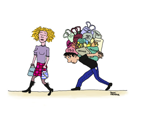 Cartoon: Der Sherpa (medium) by Pascal Kirchmair tagged der,sherpa,shopping,is,life,einkaufen,couple,paar,paarlauf