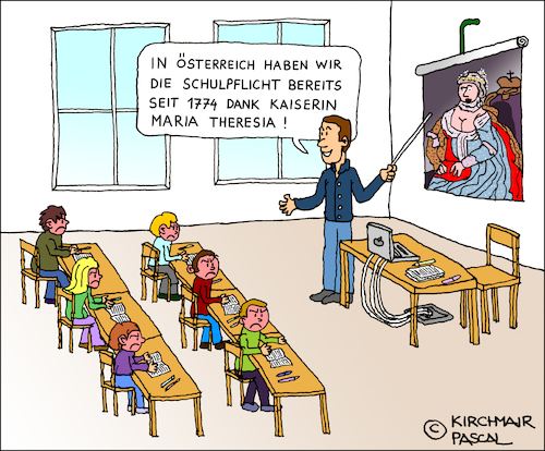 Cartoon: Die Schulpflicht (medium) by Pascal Kirchmair tagged schulpflicht,schule,österreich,maria,theresia,karikatur,cartoon,humor,lustig,pascal,kirchmair,schulpflicht,schule,österreich,maria,theresia,karikatur,cartoon,humor,lustig,pascal,kirchmair