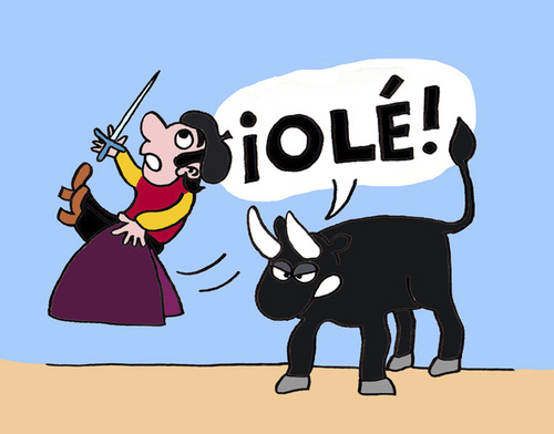 Cartoon: Bullfight (medium) by Pascal Kirchmair tagged unrecht,bullfighter,cornes,nehmen,hörner,die,auf,horns,bull,taureau,stier,arena,stierkämpfer,toreador,torero,toro,le,matador,el,ole,bullfight,gerechtigkeit