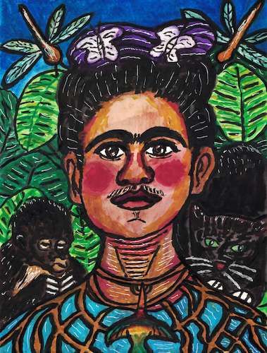 Cartoon: Frida Kahlo (medium) by Pascal Kirchmair tagged selbstporträt,autoportrait,autoritratto,selbstbildnis,mit,dornenhalsband,und,kolibri,self,portrait,with,thorn,necklace,and,hummingbird,autorretrato,con,collar,de,espinas,colibri,watercolor,watercolour,aquarell,künstler,artist,artista,aquarelle,acuarela,gouache,ink,tusche,tuschezeichnung,nanquim,encre,chine,tinta,china,diego,rivera,frida,kahlo,mexico,porträt,arte,aztekin,aztec,coyoacan,illustration,drawing,zeichnung,pascal,kirchmair,political,cartoon,caricature,karikatur,ilustracion,dibujo,desenho,disegno,ilustracao,illustrazione,illustratie,dessin,presse,du,jour,art,of,the,day,tekening,teckning,cartum,vineta,comica,vignetta,caricatura,retrato,ritratto,portret,kunst,mexiko,painting,peinture,dipinto,pittura,pintura,cuadro,quadro,azteken,aztecs,malerei,artwork,selbstporträt,autoportrait,autoritratto,selbstbildnis,mit,dornenhalsband,und,kolibri,self,portrait,with,thorn,necklace,and,hummingbird,autorretrato,con,collar,de,espinas,colibri,watercolor,watercolour,aquarell,künstler,artist,artista,aquarelle,acuarela,gouache,ink,tusche,tuschezeichnung,nanquim,encre,chine,tinta,china,diego,rivera,frida,kahlo,mexico,porträt,arte,aztekin,aztec,coyoacan,illustration,drawing,zeichnung,pascal,kirchmair,political,cartoon,caricature,karikatur,ilustracion,dibujo,desenho,disegno,ilustracao,illustrazione,illustratie,dessin,presse,du,jour,art,of,the,day,tekening,teckning,cartum,vineta,comica,vignetta,caricatura,retrato,ritratto,portret,kunst,mexiko,painting,peinture,dipinto,pittura,pintura,cuadro,quadro,azteken,aztecs,malerei,artwork