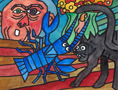 Cartoon: Le homard et le chat (medium) by Pascal Kirchmair tagged hummer,und,katze,lobster,and,cat,homard,et,le,chat,gato,gatto,langosta,la,coruna,pablo,ruiz,picasso,espana,antibes,provence,barcelona,painting,dipinto,pintura,pittura,peinture,artist,artiste,artista,kunst,künstler,illustration,drawing,zeichnung,pascal,kirchmair,cartoon,caricature,karikatur,ilustracion,dibujo,desenho,ink,disegno,ilustracao,illustrazione,illustratie,dessin,de,presse,du,jour,art,of,the,day,tekening,teckning,cartum,vineta,comica,vignetta,caricatura,portrait,porträt,portret,retrato,ritratto,malaga,spanien,espagne,spain,spagna,arte,bild,image,watercolor,aquarelle,watercolour,aquarell,permanent,marker,hummer,und,katze,lobster,and,cat,homard,et,le,chat,gato,gatto,langosta,la,coruna,pablo,ruiz,picasso,espana,antibes,provence,barcelona,painting,dipinto,pintura,pittura,peinture,artist,artiste,artista,kunst,künstler,illustration,drawing,zeichnung,pascal,kirchmair,cartoon,caricature,karikatur,ilustracion,dibujo,desenho,ink,disegno,ilustracao,illustrazione,illustratie,dessin,de,presse,du,jour,art,of,the,day,tekening,teckning,cartum,vineta,comica,vignetta,caricatura,portrait,porträt,portret,retrato,ritratto,malaga,spanien,espagne,spain,spagna,arte,bild,image,watercolor,aquarelle,watercolour,aquarell,permanent,marker