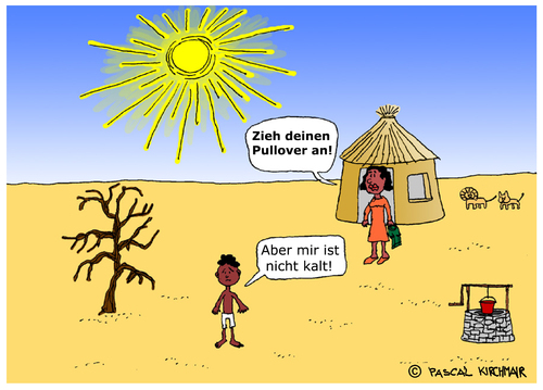 Cartoon: Zu viel des Guten (medium) by Pascal Kirchmair tagged afrika,cartoon,sahara,wüste,afrique,desert,mutter,überbehütet,zu,viel,des,guten,kind