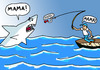 Cartoon: Angst (small) by Pascal Kirchmair tagged weisser hai grand requin blanc great squalo bianco white shark pointer food chain chaine alimentaire catena alimentare hochseefischen fischer nahrungskette sea angling angeln angler angst peur bleue fear peche en haute mer paura les dents de la jaws