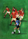 Cartoon: Maradona vs. Belgium (small) by Pascal Kirchmair tagged aquarell,watercolour,diego,armando,maradona,belgium,belgique,belgia,belgien,football,foot,soccer,cartoon,fußball,argentina,argentinien