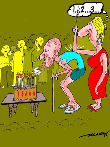 Cartoon: 100th birthday (medium) by kar2nist tagged birthday,oldman,wheezing