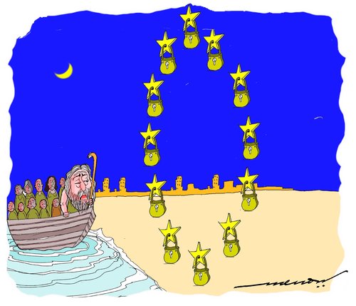 Cartoon: A starry Gauntlet (medium) by kar2nist tagged refugees,gauntlet,stars,eu,noah