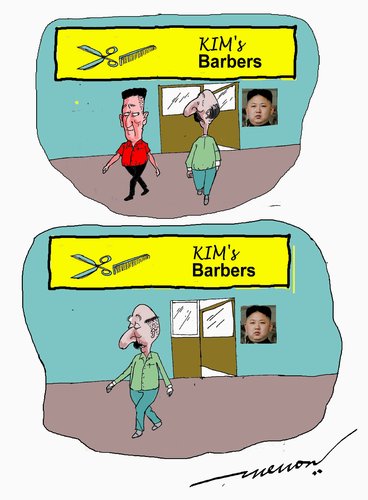 Cartoon: KIMs Barber shop (medium) by kar2nist tagged kim,jong,un,barber,hair,cuts,bald