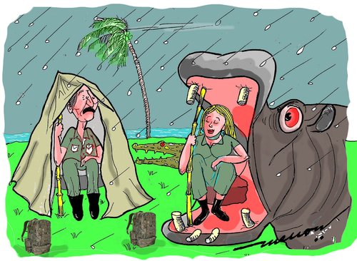 Cartoon: storm shelters (medium) by kar2nist tagged rain,shelter,hippo,tourist