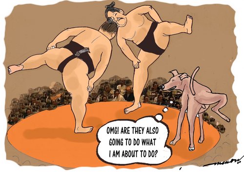 Cartoon: World Animals Day (medium) by kar2nist tagged world,animal,day,sumo,wrestlers,dogpissing