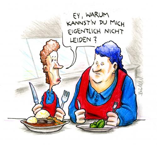 Cartoon: eine zwischenmenschliche Sache (medium) by Bülow tagged essen,food,eat,mittag,kantine,dick,sympathie,missgunst,ernährung,mittag,mittagessen,essen,mahlzeit,salat,gesund,pause,kantine,übergewicht,arbeit,arbeitsplatz,firma,betrieb,unternehmen,anstellung,kollege,kollegen