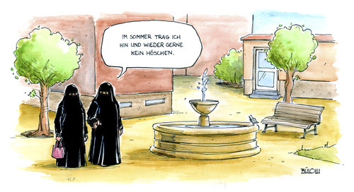 Cartoon: Im Sommer (medium) by Bülow tagged selbstbestimmung,sommer,hitze,freiheit,schlüpfer,höschen,slip,unterwäsche,nackt,fkk,burkaverbot,burkini,burka,kleidung,islam,burka,burkaverbot,fkk,nackt,unterwäsche,slip,höschen