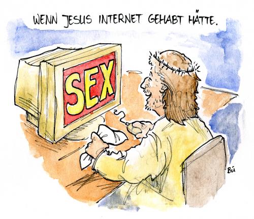 Cartoon: Jesus mit Internetanschluss (medium) by Bülow tagged jesus,computer,internet,cartoon,cartoons,sex,sexualität,internet,web,www,online,männer,mann,pornos,porno,technik,entwicklung,fortschritt,kommunikation,konsument,lust,geilheit