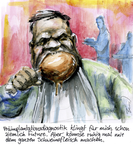 Cartoon: Klingt ziemlich future (medium) by Bülow tagged präimplantationsdiagnostik,diagnosttik,fleisch,schweinefleisch,diagnostik,fleisch,schweinefleisch,präimplantationsdiagnostik