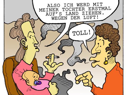 Cartoon: Umzugsvorhaben (medium) by Bülow tagged smoke,rauch,landluft,raucher,smoker,zigarette,cigarette,rauchen,rauch,qualm,zigarette,luft,luftverschmutzung,landluft,umzug,erziehung,baby,kind,kinder