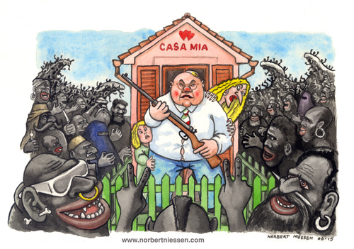 Cartoon: Casa mia (medium) by Niessen tagged blacks,immigrants,monsters,fear,family,danger,rifle,aggression,defense