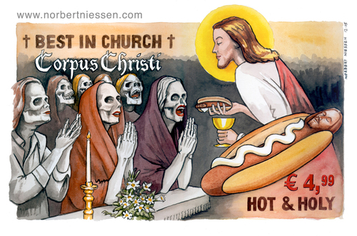 Cartoon: Corpus Christi (medium) by Niessen tagged religiöse,bischof,priester,homosexuelle,unrein,tunika,beten