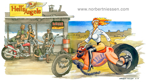 Cartoon: Hells Angesl (medium) by Niessen tagged engel,teufel,motorrad,band,domina,zentaur