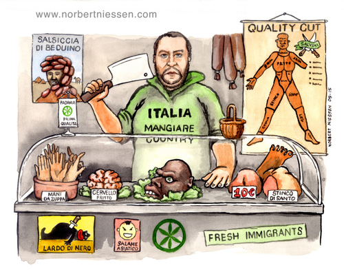 Cartoon: Mangiare country (medium) by Niessen tagged fleisch,kannibalen,einwanderung,metzger