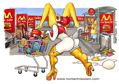Cartoon: Sex sells (medium) by Niessen tagged hen,chicken,supermarket,cart,shopping,egg,hamburger
