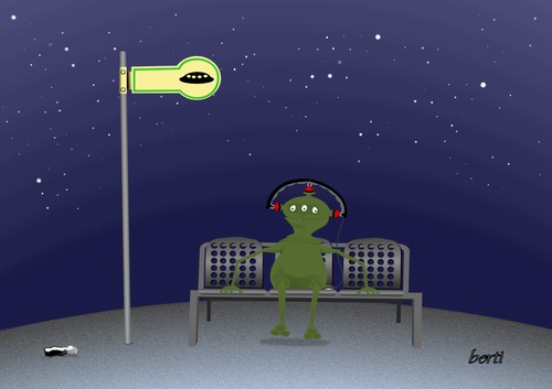 Cartoon: Haltestelle (medium) by berti tagged alien,bus,stop,ufo,music,mp3,player