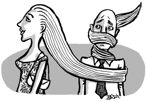 Cartoon: Eingewickelt (medium) by BiSch tagged eingewickelt,gefangen,haare,frau,mann,verliebt,eingewickelt,gefangen,haare,frau,mann,verliebt,liebe