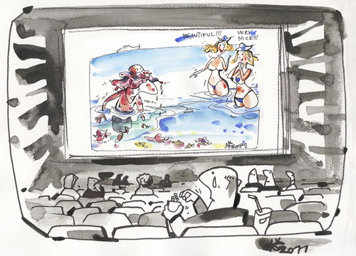 Cartoon: CARTOON - LIKE MOVIE (medium) by Kestutis tagged adventure,movie,jellyfish,happening,sea,beach,help,cap,cartoon,film