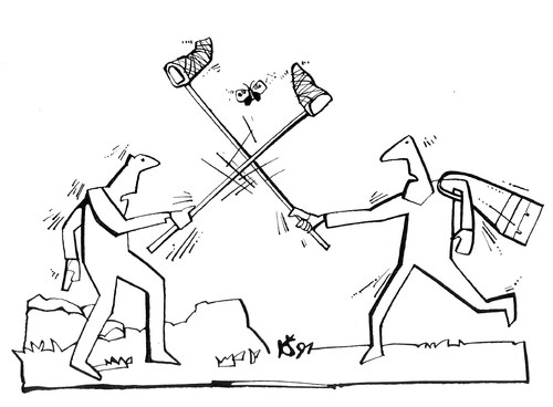 Cartoon: DUEL (medium) by Kestutis tagged schmetterling,butterfly,people,duel,kestutis,sluota