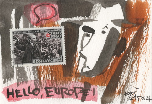 Cartoon: Hello Europe! (medium) by Kestutis tagged art,dadaism,dada,ukraine,russia,post,postcard,lithuania,kestutis,communication,greece,lenin,europe,hello,kunst