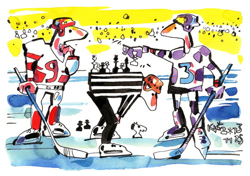 Cartoon: Hockey. Starting play (medium) by Kestutis tagged lithuania,kestutis,referee,2014,sochi,olimpic,sports,winter,chess