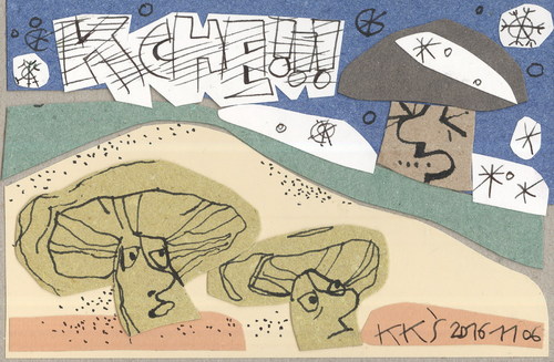 Cartoon: Mushroom dialogues (medium) by Kestutis tagged dada,postcard,mushroom,dialogues,could,snow,autumn,winter,kestutis,lithuania