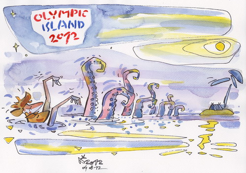 Cartoon: OLYMPIC ISLAND. Backstroke (medium) by Kestutis tagged moon,siaulytis,lithuania,kestutis,ocean,palm,olympic,desert,island,summer,2012,london,night,woman,sport,man,backstroke,swimming,synchronized,octopus