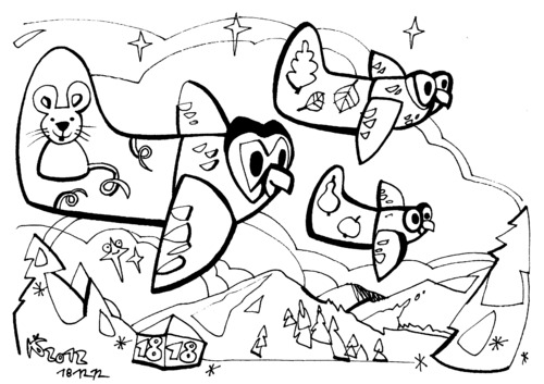 Cartoon: Owls flying to Santa Claus (medium) by Kestutis tagged stars,maus,kestutis,weihnachten,christmas,winter,bird,nature,claus,santa,owl