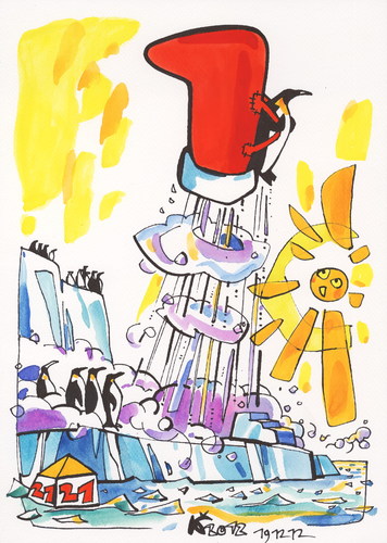 Cartoon: Penguin flies to Santa Claus (medium) by Kestutis tagged christmas,weihnachten,kestutis,rocket,summer,pole,south,gifts,claus,santa,penguin,21,dezember,2012,antarctica