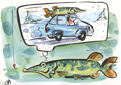 Cartoon: PIKE ADVENTURES (medium) by Kestutis tagged car,angler,lithuania,kestutis,fish,adventures,pike,winter,snow,snowflakes