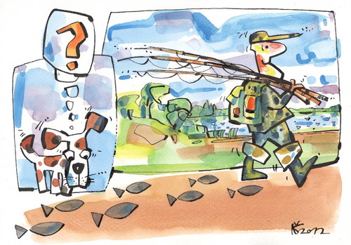Cartoon: SUMMER. AT THE LAKE (medium) by Kestutis tagged lake,summer,angler,adventure,dog,fisher,nature