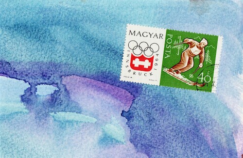 Cartoon: Winter sports romance (medium) by Kestutis tagged winter,sport,man,woman,mountains,skis,briefmarke,romance,kestutis,lithuania,art,kunst,dada,postcard