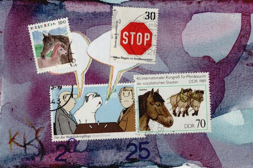 Cartoon: Conversation about life (medium) by Kestutis tagged stamp,stories,life,loriot,dada,horse,pferd,postcard,art,kunst,kestutis,lithuania