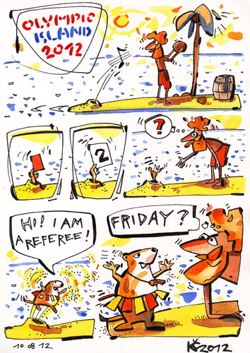 Cartoon: OLYMPIC ISLAND. Friday (medium) by Kestutis tagged marmot,basketball,referee,prairie,olympic,desert,sport,lithuania,siaulytis,kestutis,insel,strip,dog,comic,comics,card,yellow,red,soccer,football,summer,2012,london,friday,island