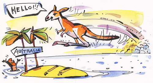 Cartoon: OLYMPIC ISLAND. Long jump (medium) by Kestutis tagged kangaroo,palm,ocean,lithuania,siaulytis,kestutis,sport,summer,2012,london,island,olympic,desert,goodbye,hello,athletics,jump,long,comic,comics,strip,australia