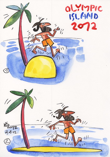 Cartoon: OLYMPIC ISLAND. Marathon (medium) by Kestutis tagged lithuania,siaulytis,kestutis,summer,2012,palm,ocean,strip,london,sport,greece,athletics,marathon,island,olympic,desert