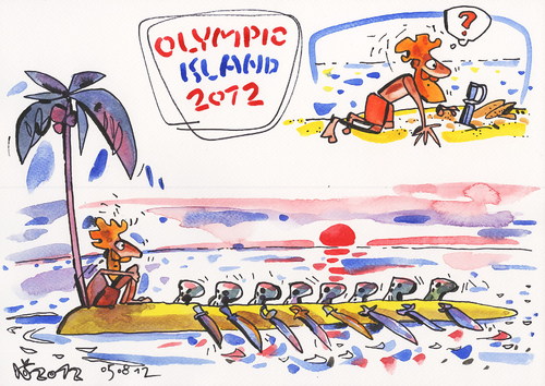 Cartoon: OLYMPIC ISLAND. Rowing eight (medium) by Kestutis tagged sword,pirate,skull,lithuania,siaulytis,kestutis,palm,ocean,strip,comic,sport,summer,sun,paddle,2012,london,eight,rowing,island,olympic,dirk,dagger