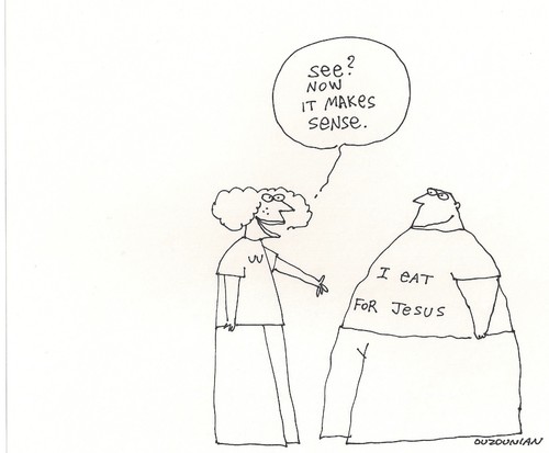 Cartoon: advantages of a decent religion (medium) by ouzounian tagged tshirts,obese,eating,fat,weight,religion